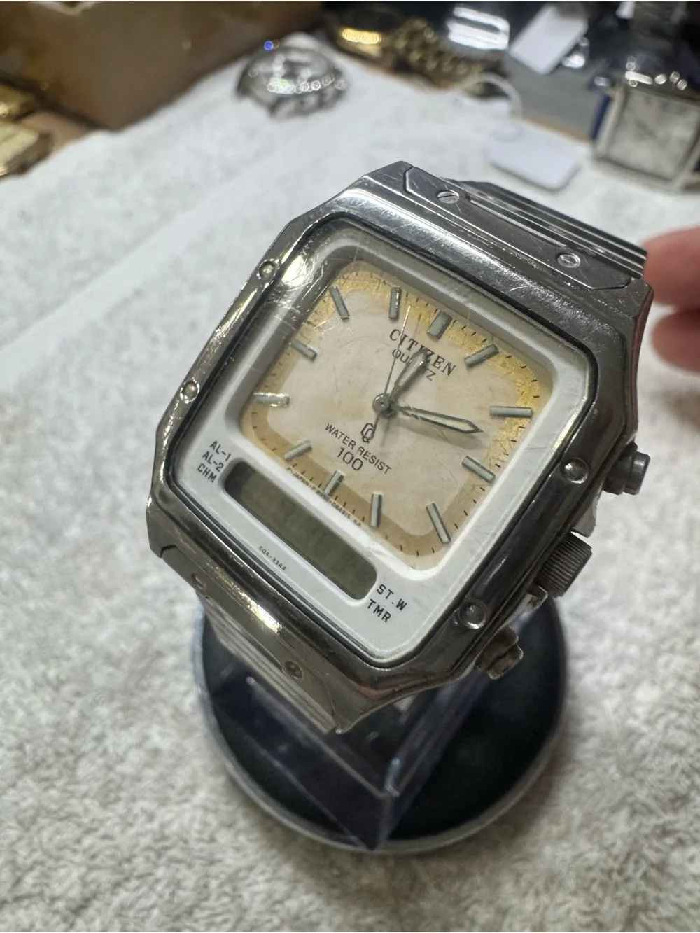 Citizen Two-Display Stainless Watch with Cream Dial and Silver Case